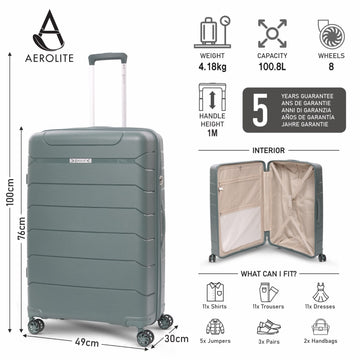 Aerolite Large 28in (100L) Lightweight Polypropylene Hard Shell Check-In Luggage Suitcase, 4 Dual Spinner Wheels, TSA Lock, Waterproof Pocket, Premium Travel Case - Green